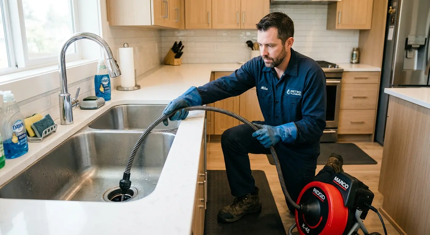 Drain cleaning technician using a motorized snake on a kitchen sink in Bridgeport
